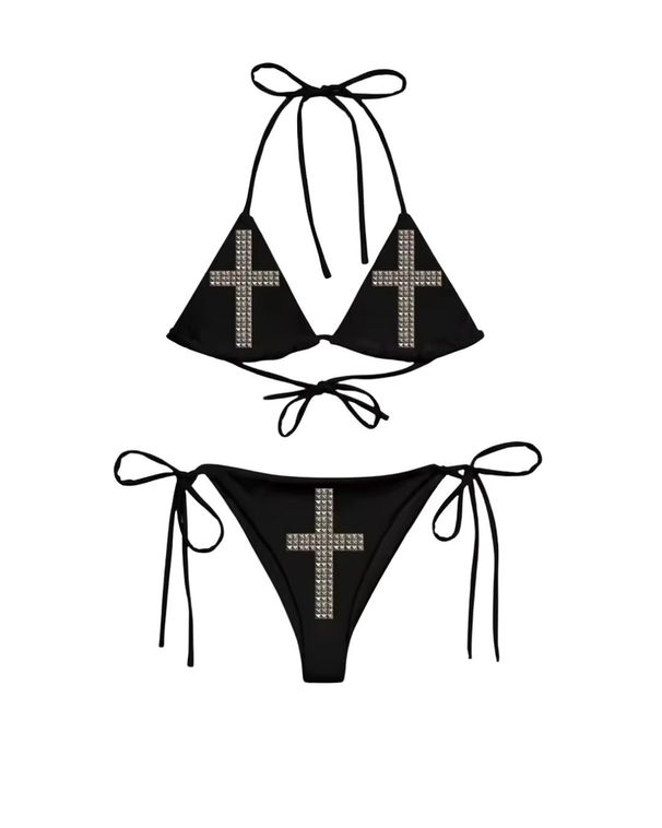 Cross Shaped Rhinestone Bikini Women's Sexy Swimsuit Two Piece With Straps Personalized Design_ecoleips.com