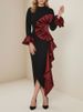 Freeacy Women's Black Red Ruffled Dress High Neck Long Sleeves High Waist Slim Fit Midi Dress Female Elegant Evening Dresses_ecoleips.com