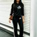 Women's Classic Autumn Winter Striped Hooded Top And Casual Trousers Set Black White Drawstring 2043 Print_ecoleips.com