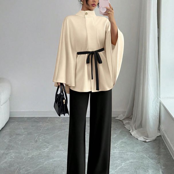 European American Style Women's Wool Blend Short Coat With Stand Collar, Flared Sleeves, Waist Tie, And Belted Design_ecoleips.com