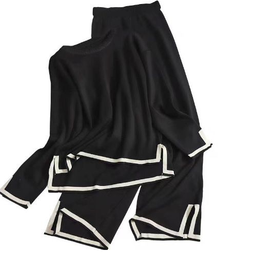 K New Style Temperament Color-blocking Long-sleeved Sweater With High Waist Slim-fit Wide-leg Pants_ecoleips.com