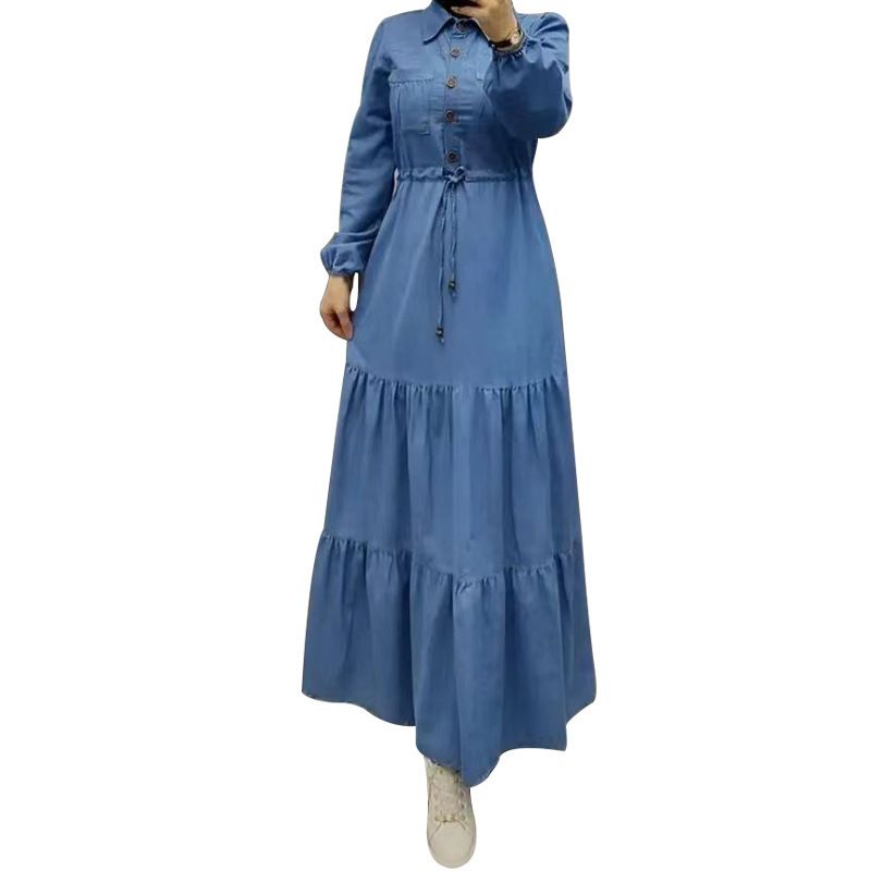 Women's Blue Patchwork Cotton Maxi Dress Elegant Denim Fashion Dubai Turkish Clothing Muslim Fashion_ecoleips.com