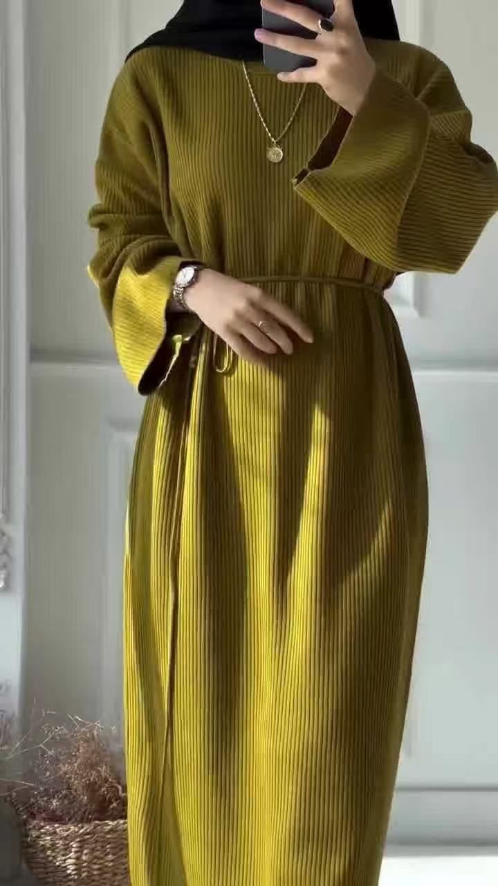 Muslim Fashion Casual Temperament Knitted Round Neck Pullover Puff Sleeve One Step Dress_ecoleips.com