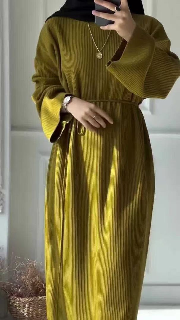 Muslim Fashion Casual Temperament Knitted Round Neck Pullover Puff Sleeve One Step Dress_ecoleips.com