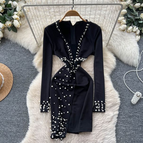 Beaded Evening Gown – V-Neck Long Sleeve Bodycon Dress With Fitted Waist & Asymmetrical Hem (Red/Black, M-2XL)_ecoleips.com