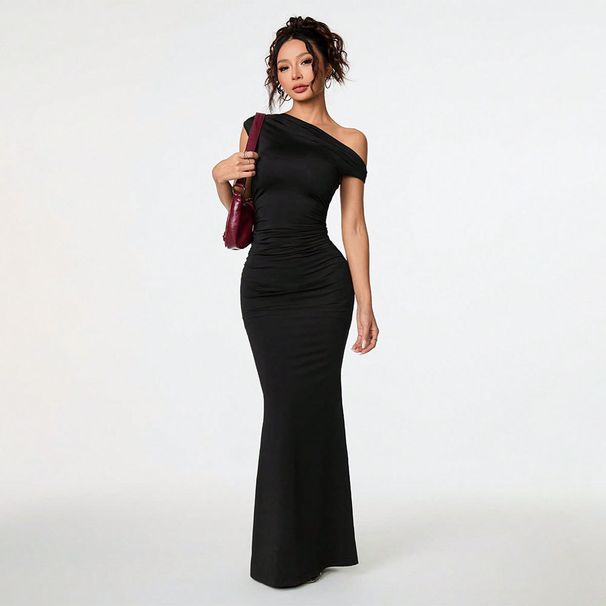 Voya Women's Sexy Socialite Style Dress, Summer Off Shoulder Slanted Neck Black Dress, Long Skirt_ecoleips.com