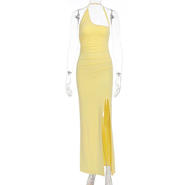 Women Summer Halter Maxi Dress Slim Fitting Backless Slit Dress Casual Elegant Long Dress For Summer Daily Wear Party_ecoleips.com