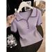 Women's Korean Style Purple V-Neck T-Shirt Short Sleeved Collared Knitted Cropped Top Summer New Arrival_ecoleips.com