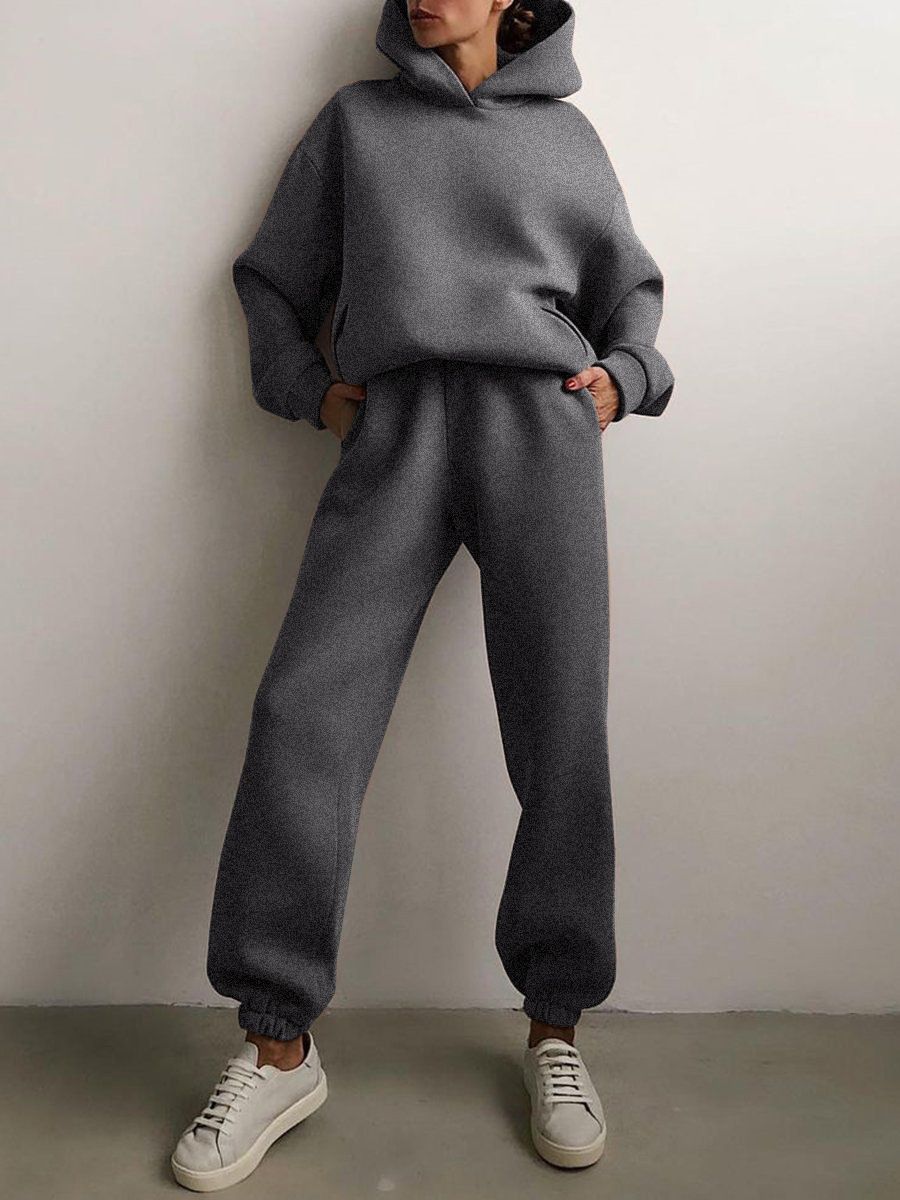 Women's Clothing Autumn And Winter Women's Clothing Solid Color Thickened Long Sleeve Sweater Elastic Trousers Pocket Two Piece Set_ecoleips.com