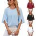 Women's Clothing New Solid Color Round Neck Five Point Sleeves Short Sleeves Loose Chiffon Shirt Tops For Women_ecoleips.com