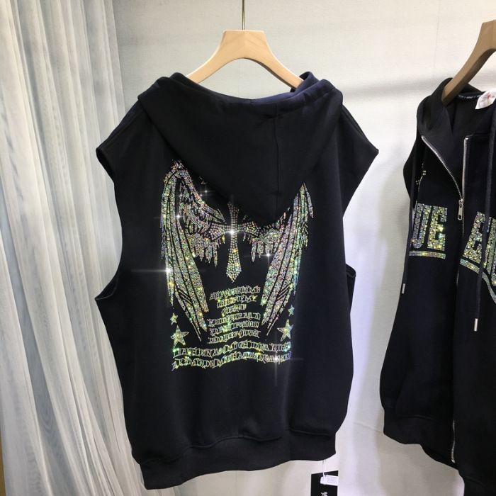 Women's Clothing Fat Mm Heavy Hot Diamond Wings Hooded Cardigan Sleeveless Vest Waistcoat Jacket Vest_ecoleips.com