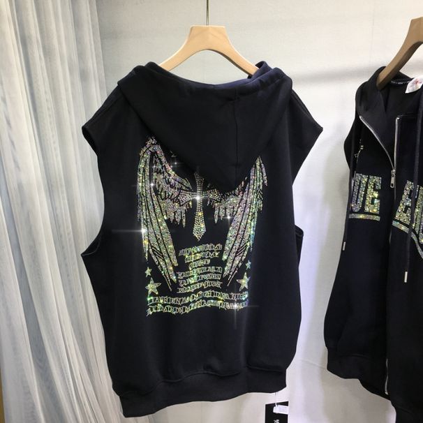 Women's Clothing Fat Mm Heavy Hot Diamond Wings Hooded Cardigan Sleeveless Vest Waistcoat Jacket Vest_ecoleips.com