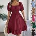 Real Shot Of 2026 Spring/Summer European And American Casual Square-neck Short-sleeve Waist-cinching Ruffle A-line_ecoleips.com