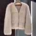 Trendy Women’s Faux Fox Fur Coat, V-Neck Elegant Blouse, Winter Casual & Office Wear In Milk Tea, Cocoa & Black_ecoleips.com
