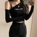 2025 Autumn/Winter European And American Solid Color Fashionable Off-Shoulder Asymmetrical Neck Hollow Out Long Sleeve_ecoleips.com