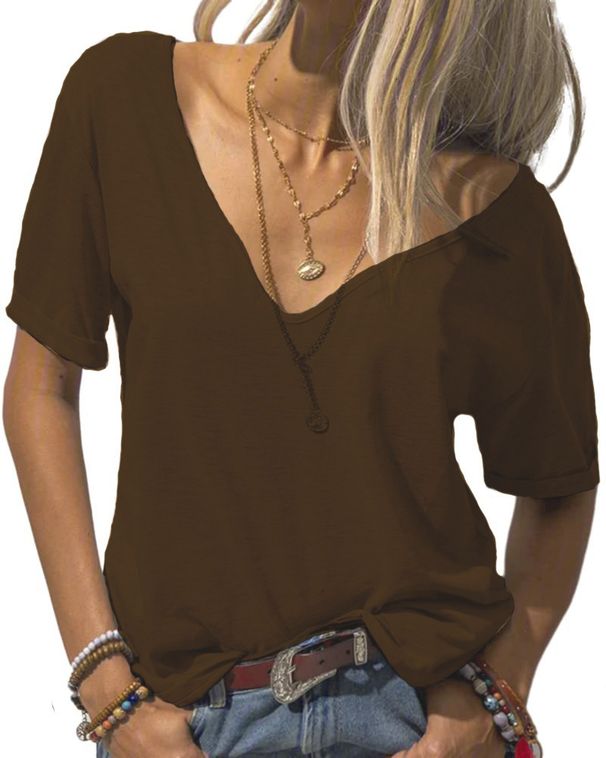 Women's Clothing Fashion Deep V Neck Short Sleeve Top Solid Color Casual Loose Basic Tops_ecoleips.com