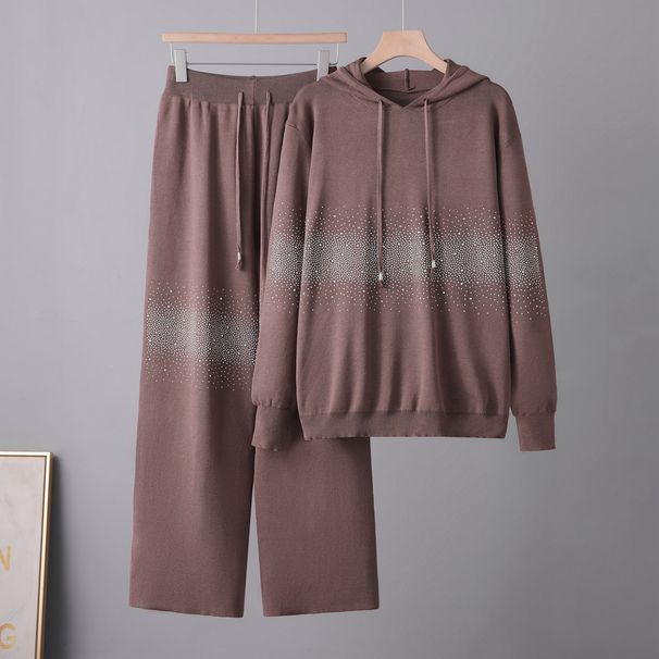 Women's European Style Heavy Duty Rhinestone Long Sleeved Hooded Sweatshirt Set with Elastic Waist Wide Leg Trousers Loose Fitting_ecoleips.com