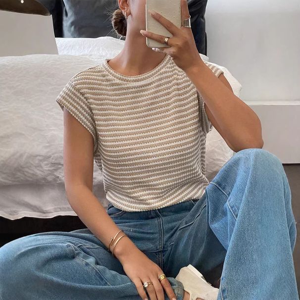 2026 European And American Cross-border Spring/summer Vintage Round-neck Cable-knit Short-sleeve Knit Shirt T-shirt Top_ecoleips.com