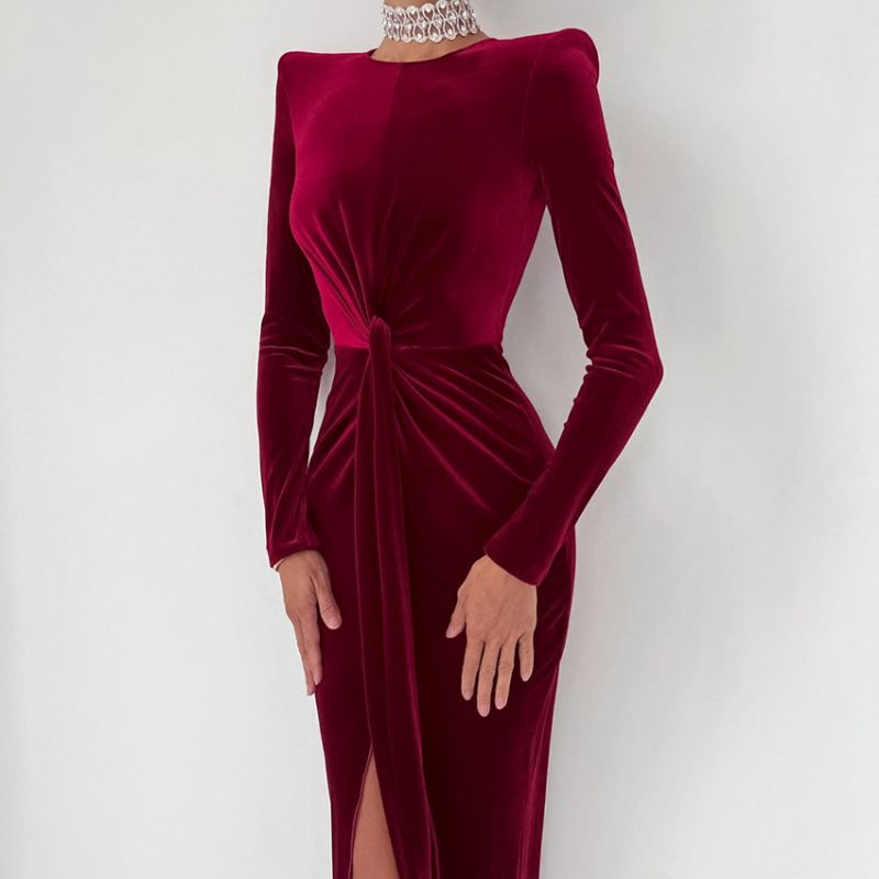 Angola Red Queen Sister Winter Fashion: Chic Slit French Velvet Dress For Women_ecoleips.com
