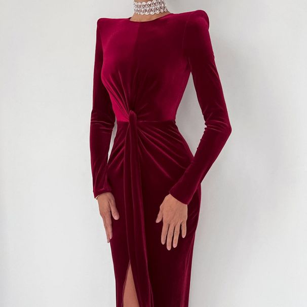 Angola Red Queen Sister Winter Fashion: Chic Slit French Velvet Dress For Women_ecoleips.com