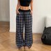 Women's Stretchy Elastic Waist Lounge Pants – Plaid Print, Loose Fit, Soft Polyester, Comfortable For Home & Outings (Black, Red, Yellow)_ecoleips.com