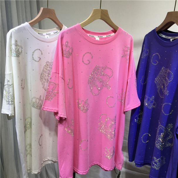 Women's Clothing T-Shirt Rhinestone Crown Design Fashionable And Stylish Wholesale Cross Border Specialty Hot Stamped 300 Catties Summer Top_ecoleips.com