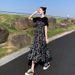Women's 2025 Summer New Hepburn Style Mid-Length Floral Elegant High Waist Slimming Short Sleeve Long Dress_ecoleips.com