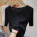 Summer New Women's Ice Silk Knit Cardigan V Neck Short Sleeve Thin Design Simple Red Top T-Shirt_ecoleips.com