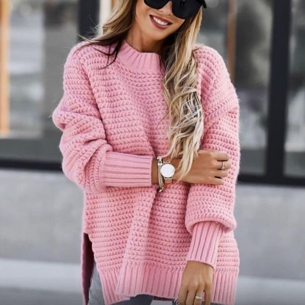 Women's Clothing Oversized Knit Sweater - Relaxed Lantern Sleeve Pullover, Soft Polyester-Acrylic Blend, Semi-High Neck For Effortless Layering_ecoleips.com