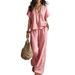 Women's Fashion Casual Two Piece Set V Neck Loose Short Sleeved Solid Color Cross Border Style European American 2026_ecoleips.com