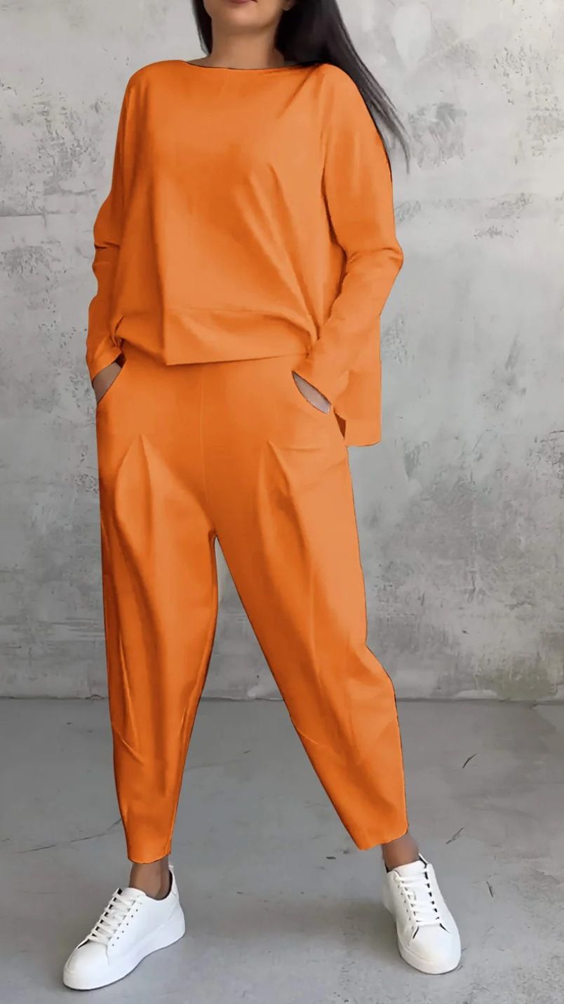 Women's Clothing Solid Color Round Neck Long Sleeved Suit Women's Pocket Pants Trousers Women_ecoleips.com