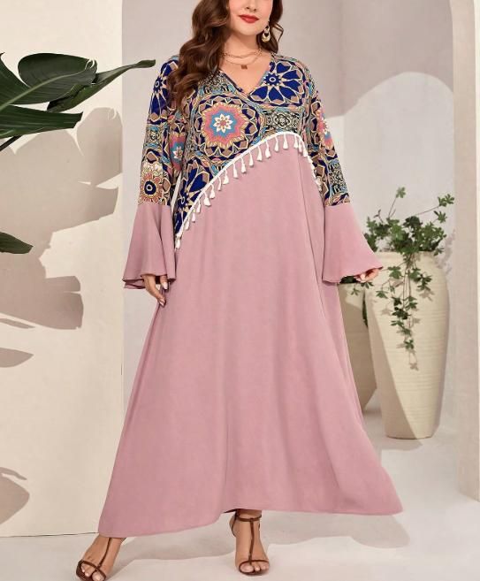Women's Clothing Plus Size Tassel Print Pullover Dress Elegant Commuting Wear Middle Eastern Women's Clothing_ecoleips.com