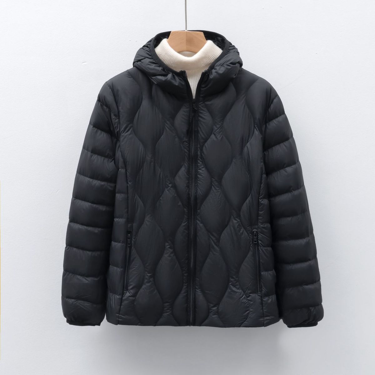 New 90 Fleece Women's Clothing Autumn And Winter New Light And Thin Down Jacket Wavy Pattern Women's Hooded Jacket_ecoleips.com