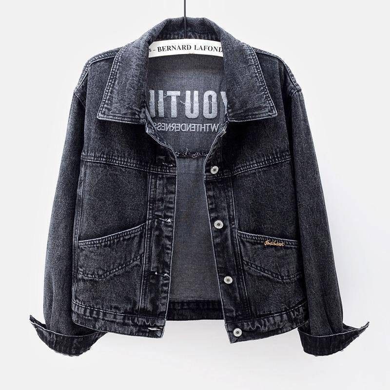 Women’s Korean Style Light Wash Denim Jacket – Loose Fit Embroidered Short Coat (Bluish/Black, S-5XL)_ecoleips.com