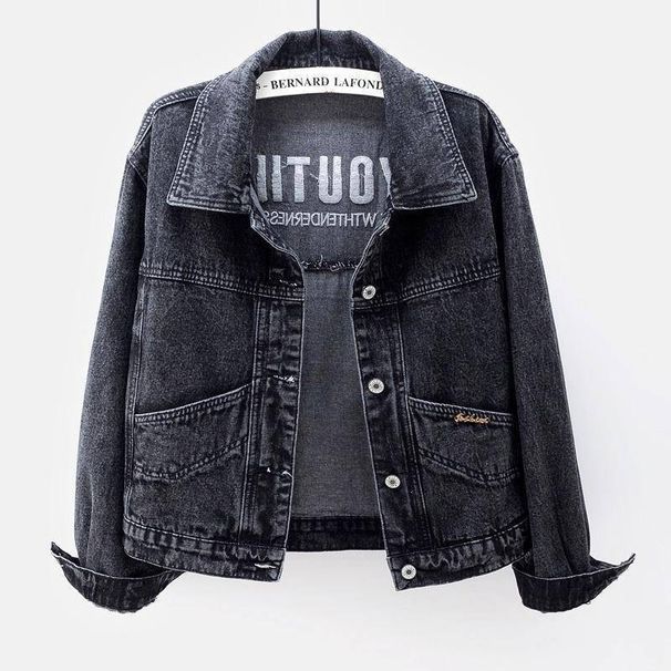 Women’s Korean Style Light Wash Denim Jacket – Loose Fit Embroidered Short Coat (Bluish/Black, S-5XL)_ecoleips.com