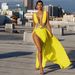 Women's Clothing Pure Color Sexy Fashion Wedding Evening Dress Deep V Neck Slit Floor Length Dress_ecoleips.com