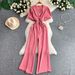Women's Three-Button V-Neck Puff Sleeve Jumpsuit Summer Slimming Elastic Waist Wide Leg Pants Size Democracy_ecoleips.com