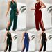 Women's Clothing Solid Color V Neck Halter Elastic Waist Belt Slit Leg Fashionable Casual Jumpsuit_ecoleips.com