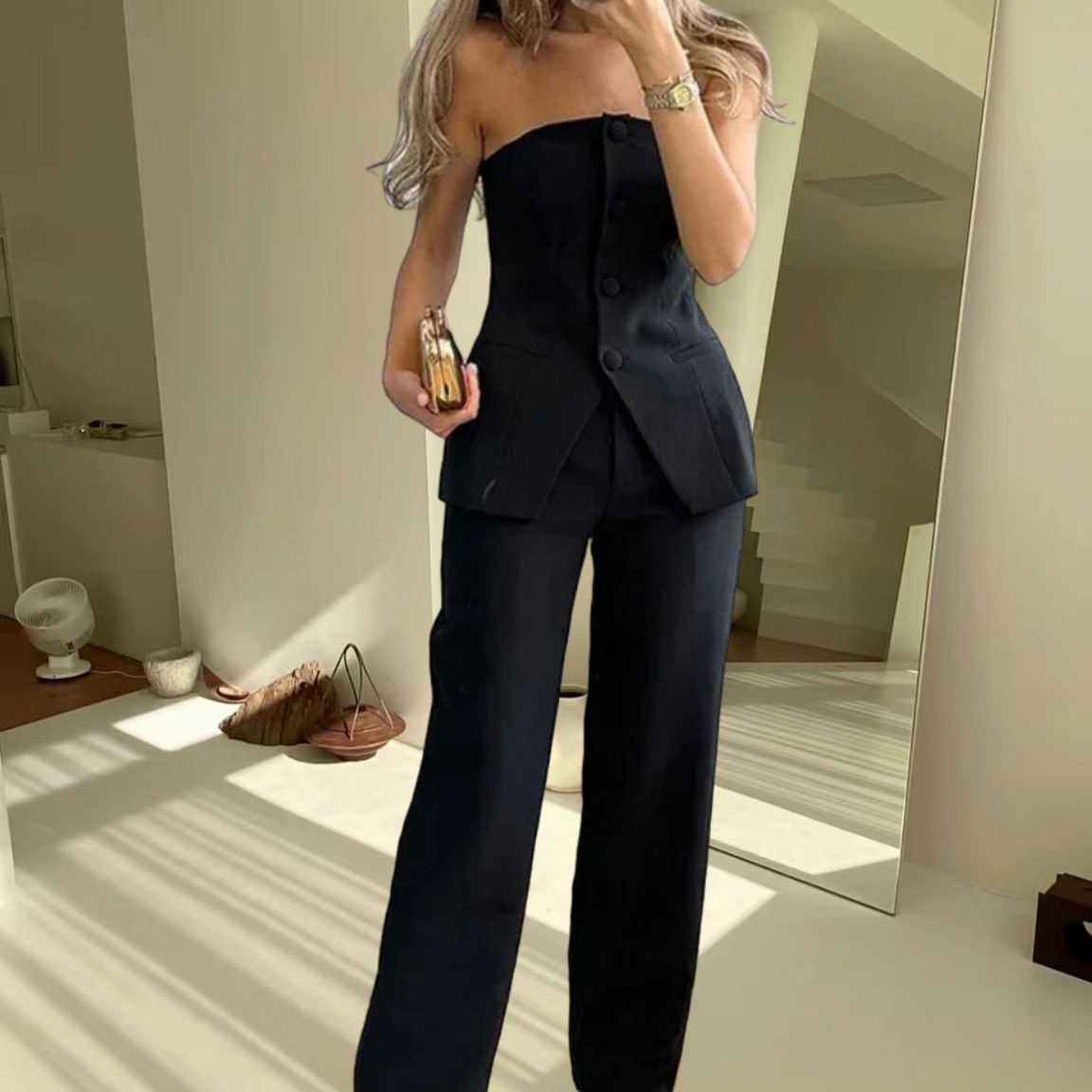 New Casual Fashion Tube Top Button Suit Simple Temperament Suit_ecoleips.com