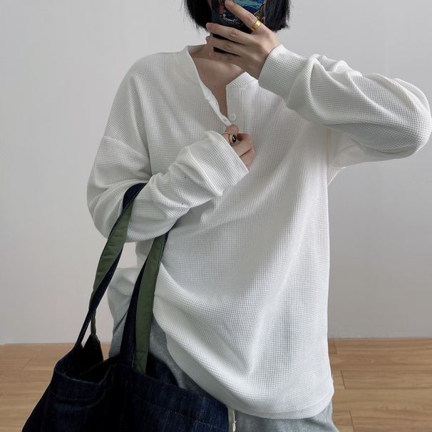 Waffle Long Sleeve T-Shirt Women, Spring And Autumn Thin Style, Loose Fit, Suitable For Best Friends,_ecoleips.com