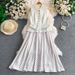 Elegant Dress with Metallic Buckle Stand up Collar Lace Tweed Satin Trim Women's Fashion_ecoleips.com