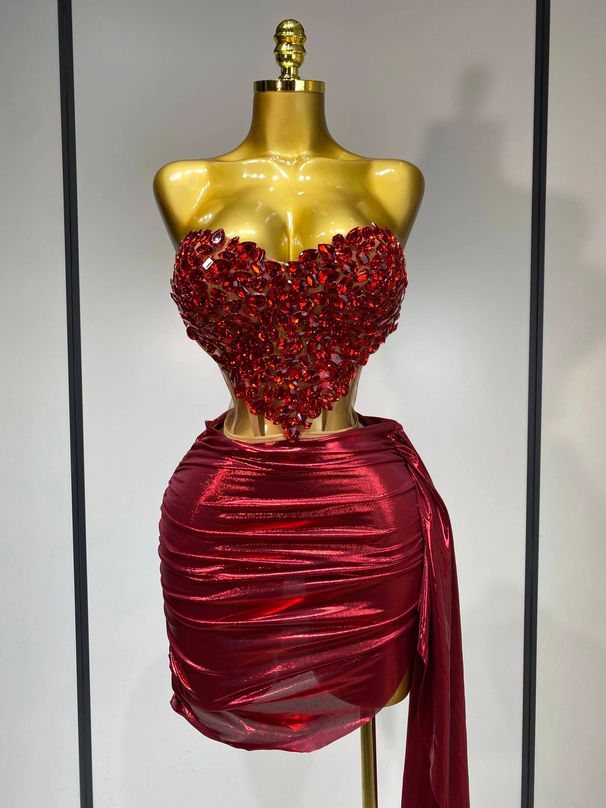 Sparkly Red Diamond Sexy Top Two Pieces Set Women Celebrate Party Luxury Birthday Nightclub Performance Dancer Stage Outfit 9D2E_ecoleips.com
