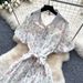 Elegant French Style Floral Print Dress with Collar Korean Tie Waist Short Sleeves a Line Skirt for Women_ecoleips.com