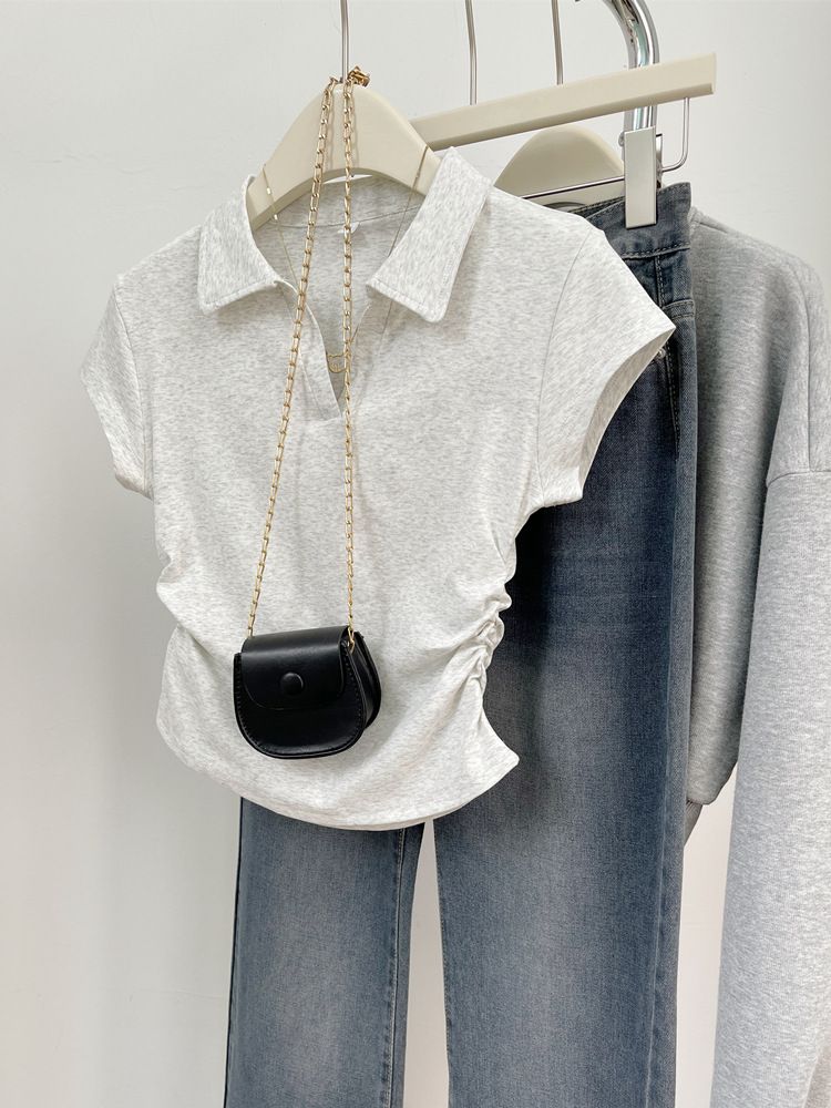 Women's Clothing Summer Hot Girl Slim Fit Straight Shoulder T Shirt Women's Short Sleeve Design Irregular Pleated Short Polo Shirt Top_ecoleips.com