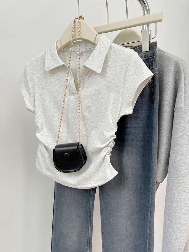 Women's Clothing Summer Hot Girl Slim Fit Straight Shoulder T Shirt Women's Short Sleeve Design Irregular Pleated Short Polo Shirt Top_ecoleips.com