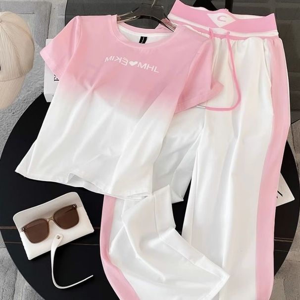 Women's High-End Casual Sportswear Set Stylish Trendy Pink Gradient Top And High-Waisted Wide-Leg Pants Two-Piece Summer Outfit_ecoleips.com