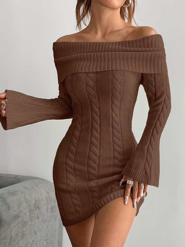 Women's Off-Shoulder Knitted Bodycon Dress With Flared Sleeves - Stretchy Ribbed Casual Midi Dress For Autumn (White, Black, Beige, Peach, Red)_ecoleips.com