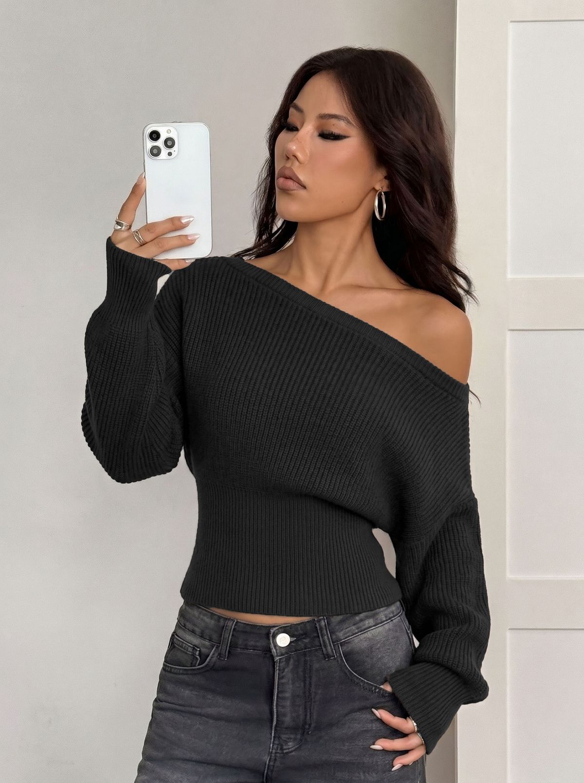 Off-Shoulder Knitted Sweater For Women Style Autumn Winter Slimming Sexy Long Sleeve Waist Cinching Base Layer_ecoleips.com