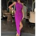 Women's French Style Asymmetric Off-Shoulder Long Dress With High Slit, Elegant Sleeveless Bodycon Midi Dress For Summer Evenings & Special Occasions_ecoleips.com