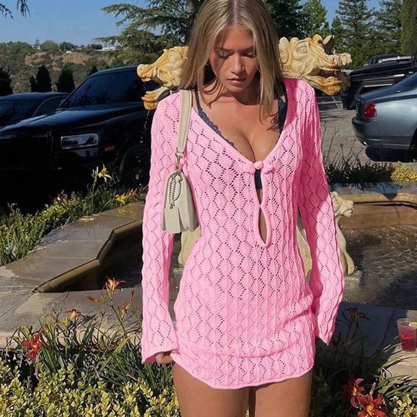 Women's Sexy Hollow Out Knitted Bikini Cover Up Beach Dress Summer Sun Protection Swimsuit Clothing_ecoleips.com